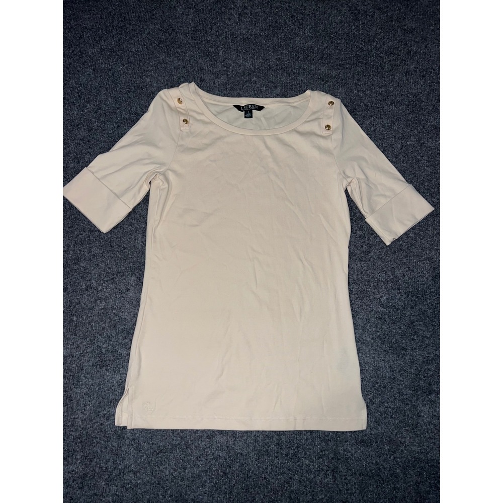 Lauren Ralph Lauren Cream Boat Neck Top Gold Shoulder Buttons Small